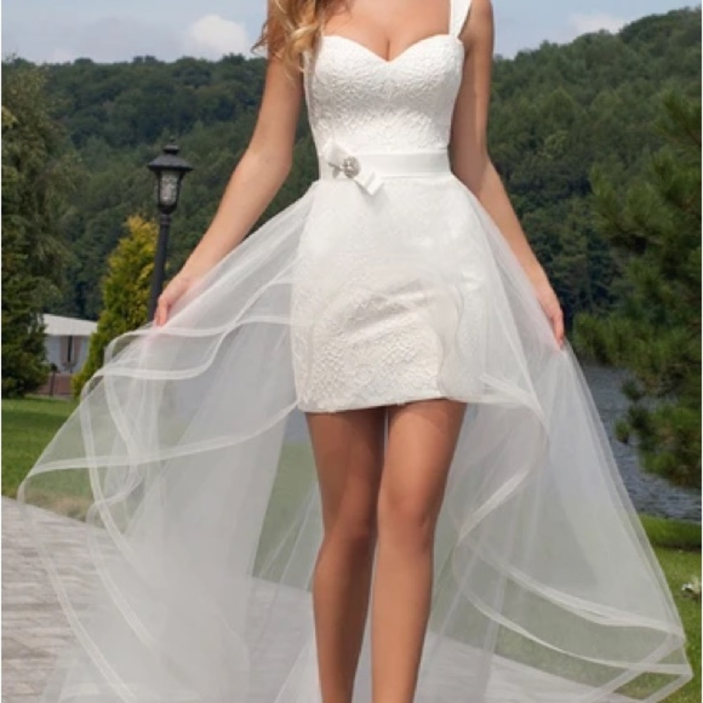 White Mini Bridal Dress with Sheer Overskirt